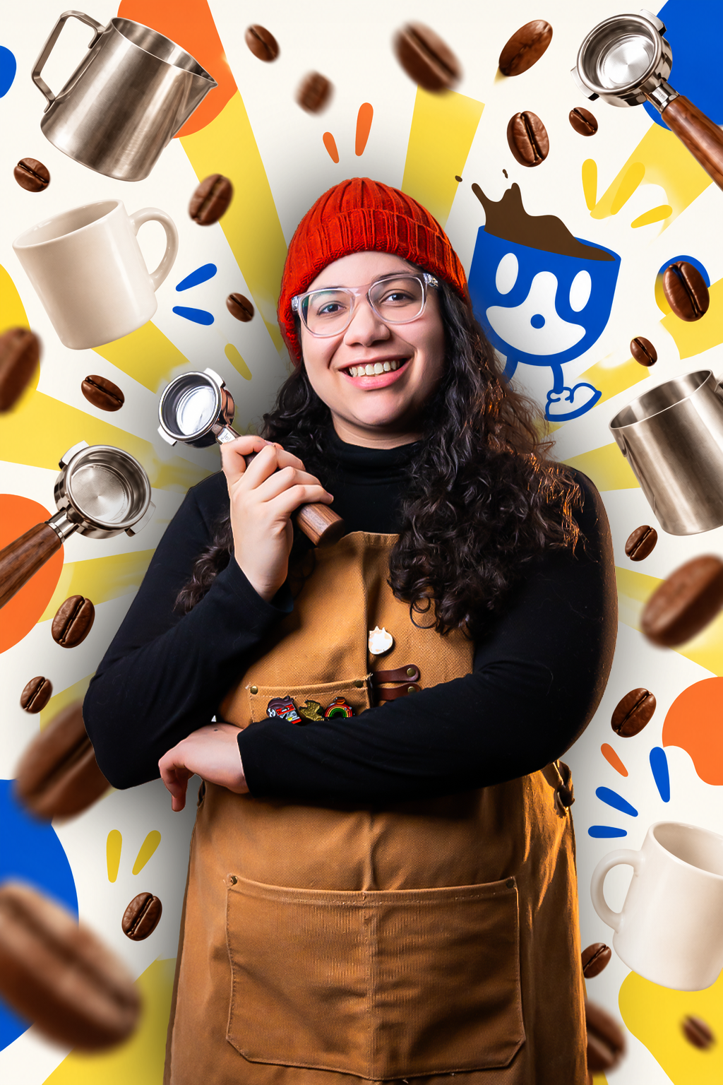 Liz smiling with a portafilter, surrounded by the HappyBeans coffee collage