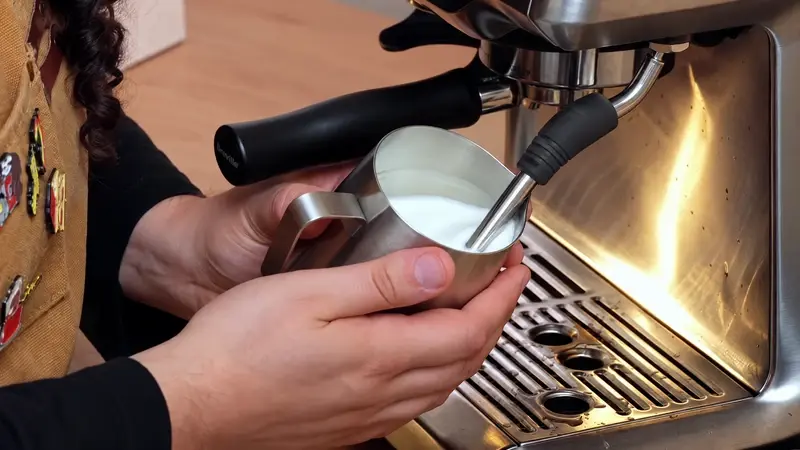 Liz holding the milk pitcher beside the Breville steam wand